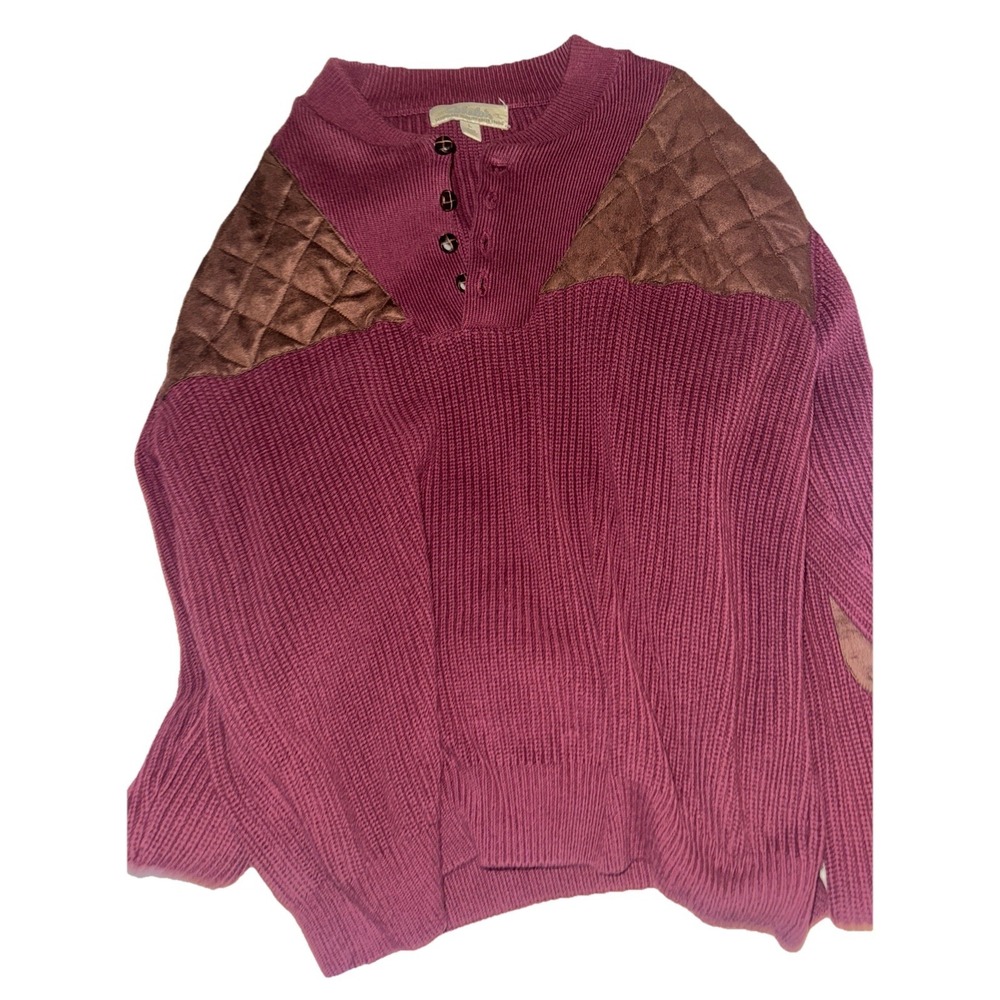 Vintage Cabela's Burgundy Ribbed Henley Sweater Quilted Patches Men's Large L